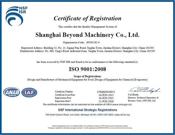 China Shanghai Beyond Machinery Co., Ltd certificaciones